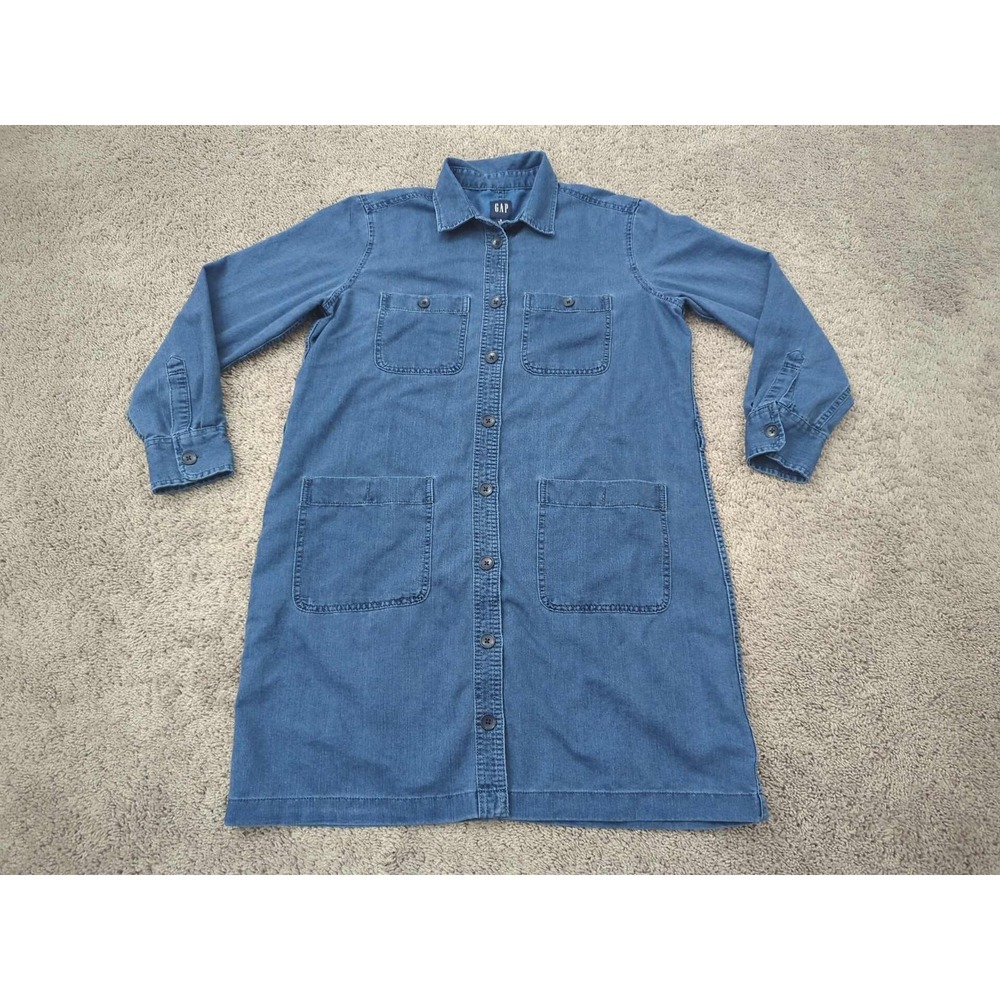 GAP Denim Shirt Dress Womens Medium Petite Blue Button Front Long Sleeve Pockets